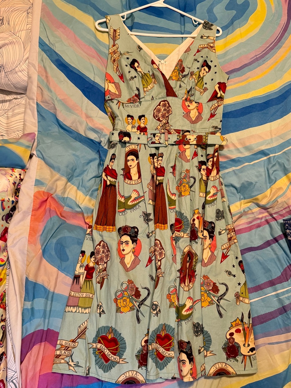 Rare Retro Frida Kahlo Print V-Neck Sleeveless Dress, UK Size 12 (US Size 10)